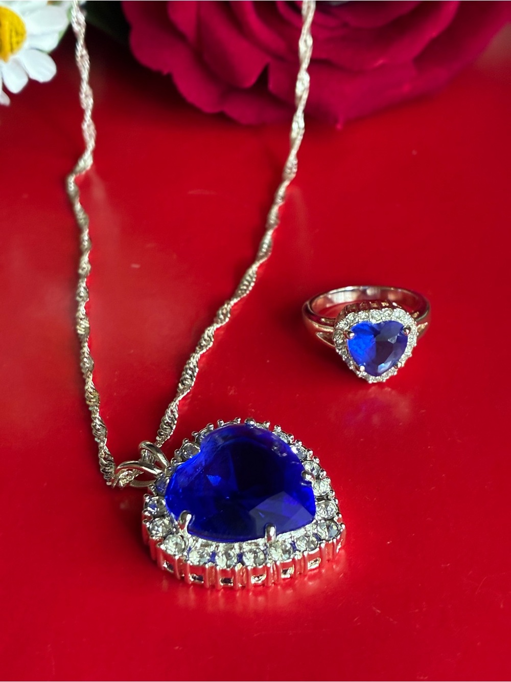 Heart-Shaped Blue Crystal Necklace and Ring Set - Silver Tone